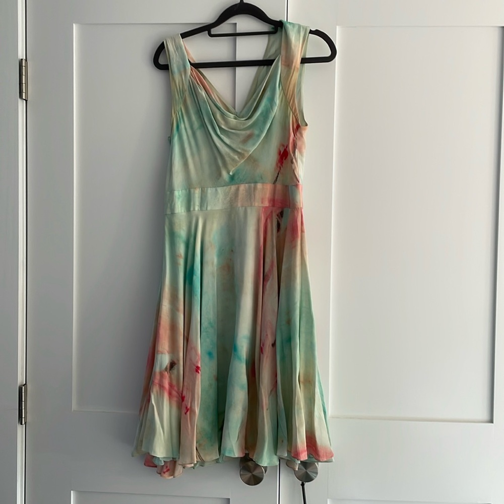 Christian Siriano Watercolor Silk Watercolor Cowl Neck Dress